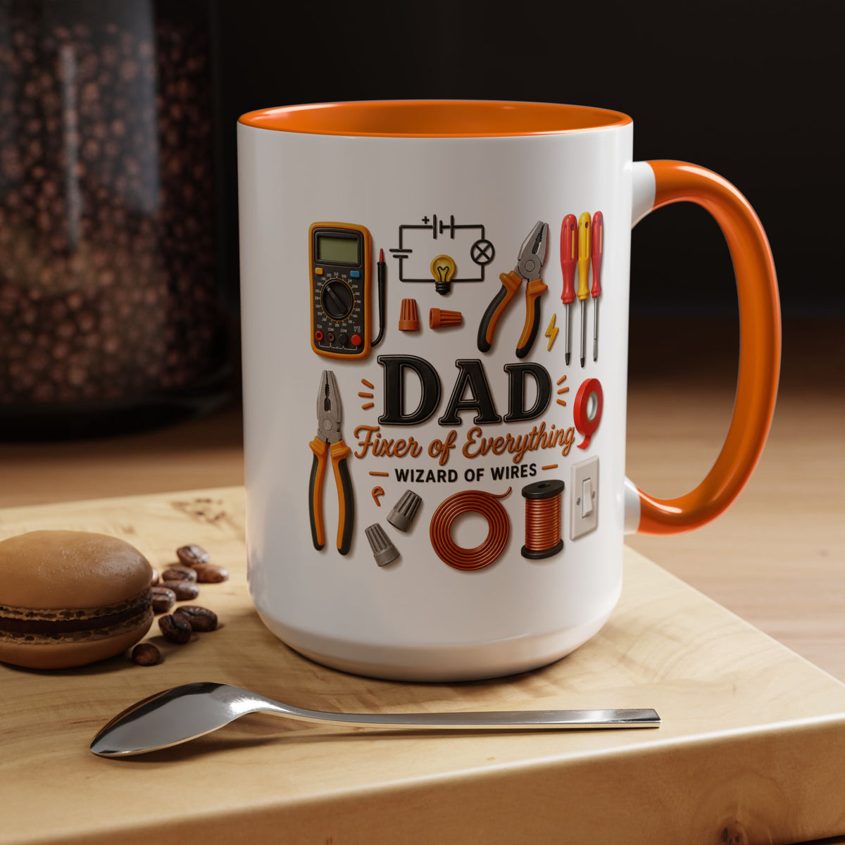 Electrician Dad Fixer of Everything Coffee Mug, Father's Day Gift for Electricians, Lineman Papa Handyman Ceramic Tea Cup with Black Handle