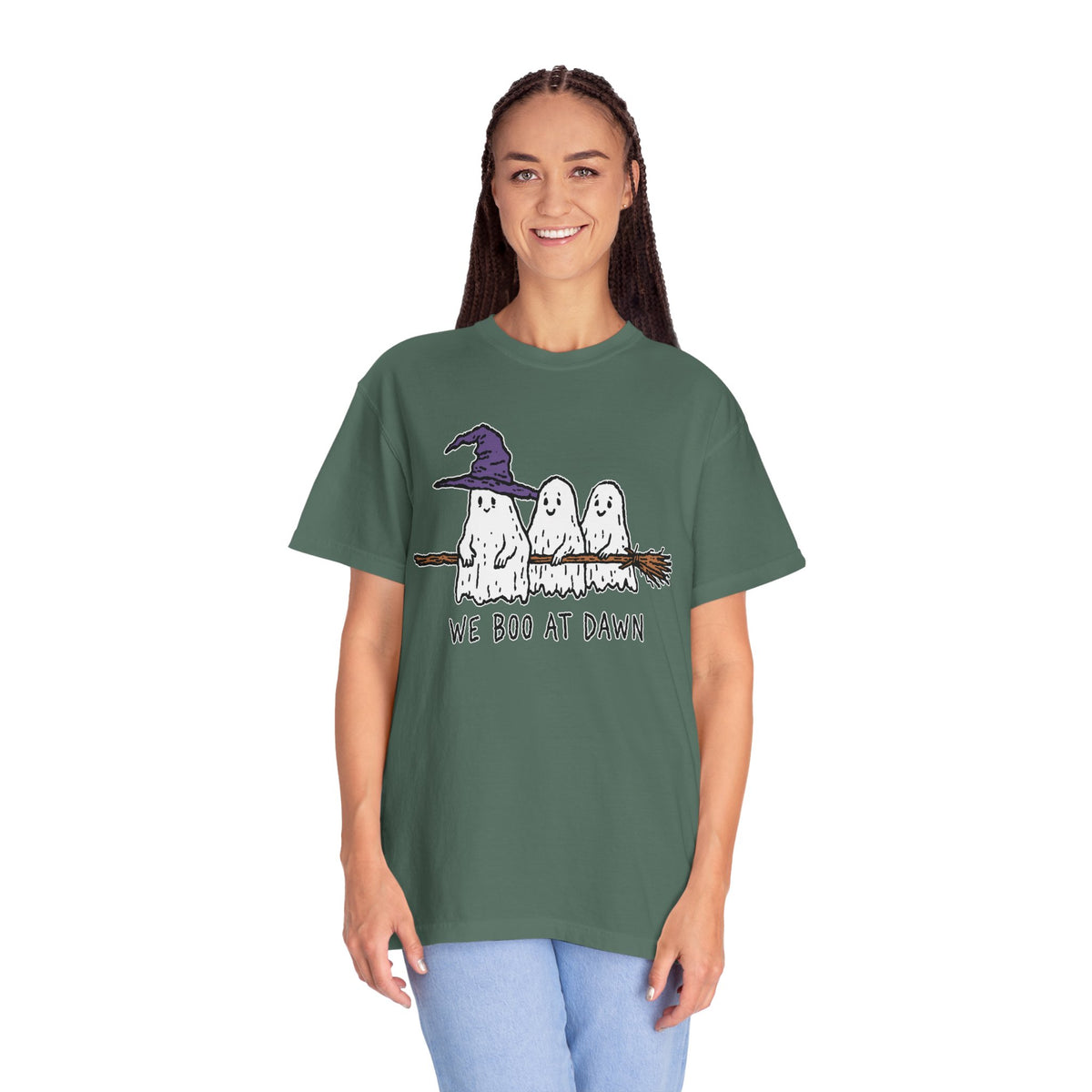 We Boo at Dawn Ghost Shirt, Funny Halloween Witch Broom Graphic Tee, Cute Spooky Season Gift for Friends and Ghost Lovers, October Outfit