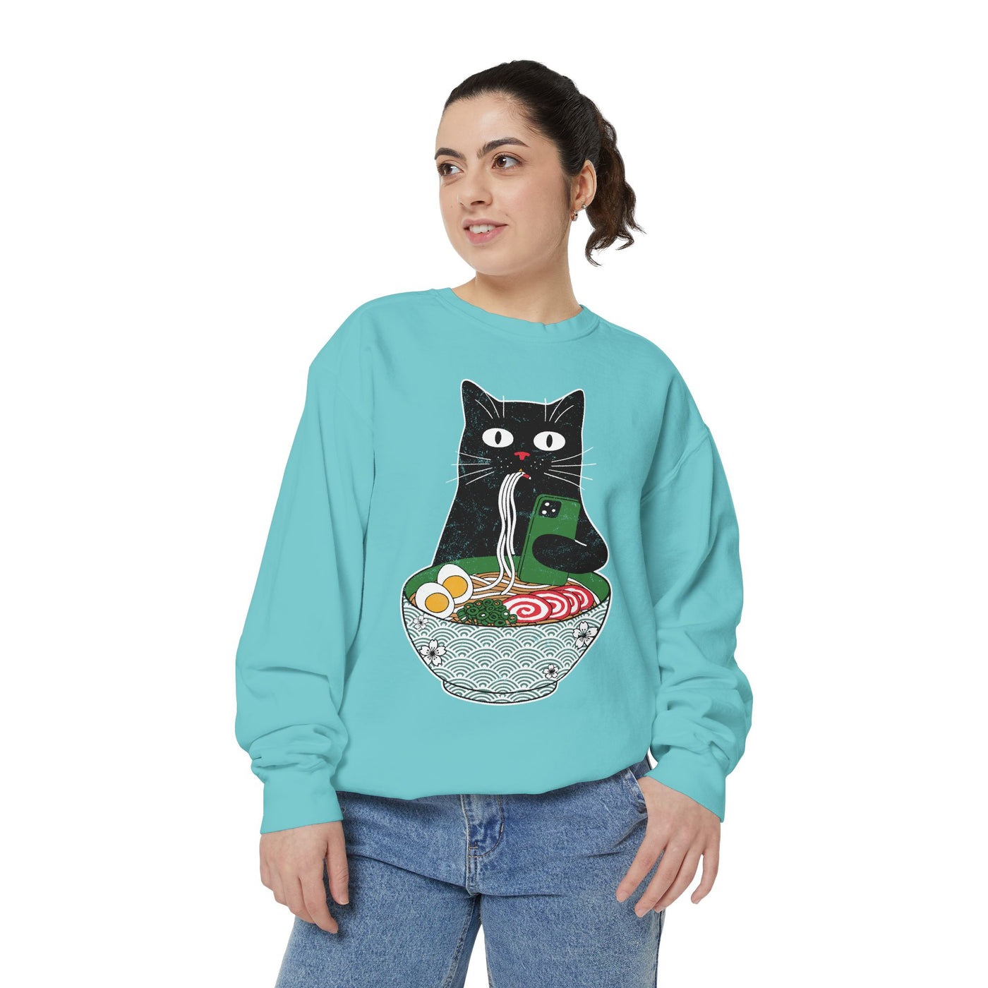 Ramen Cat Comfort Colors Sweatshirt, Funny Cat Eating Noodles Shirt, Cat Lover Graphic Crewneck, Foodie Gift Idea