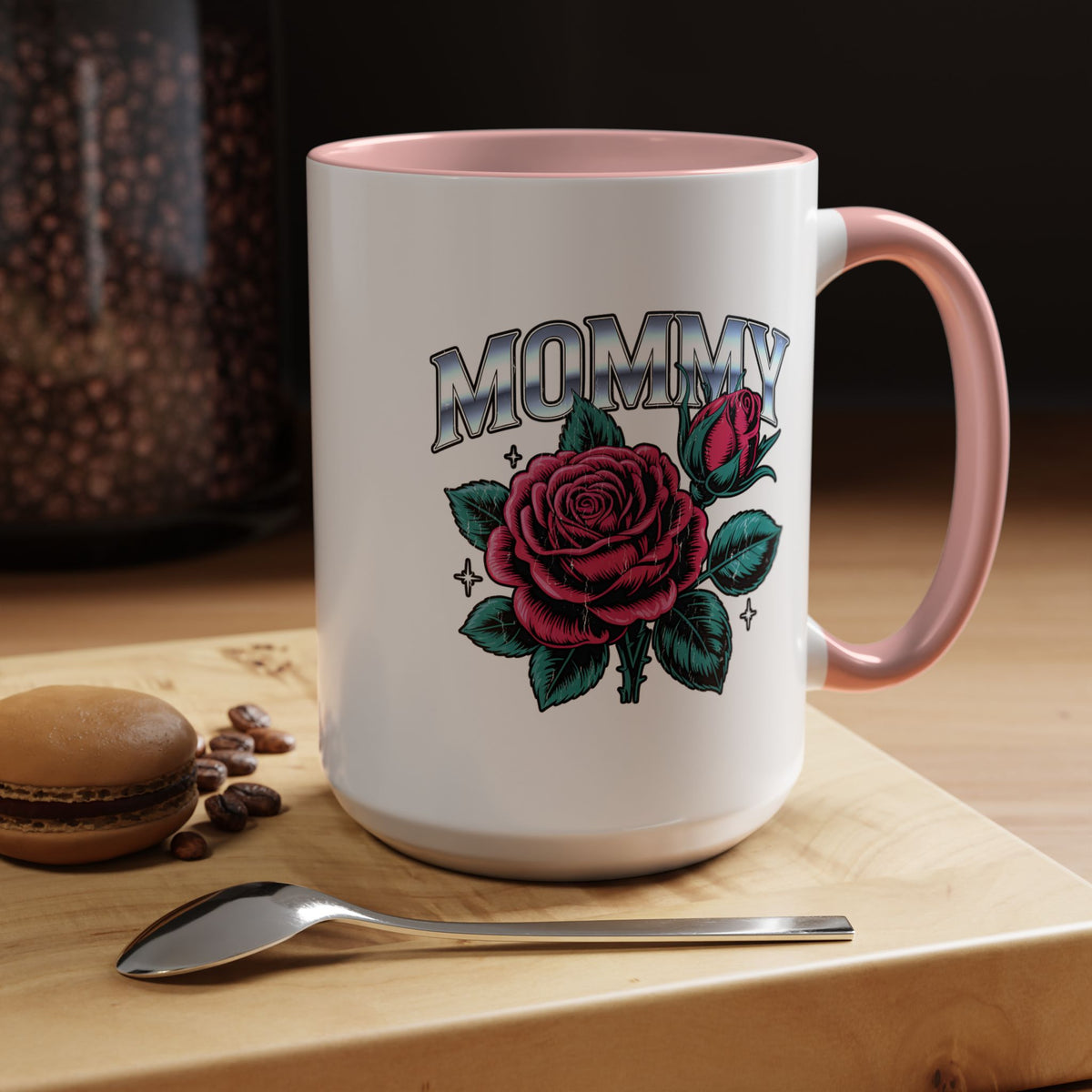 Mommy Coffee Mug, Pink Rose and Teal Leaf Design with Silver Look Lettering, Mother's Day Gift for Mom or a Floral Birthday Present for Her