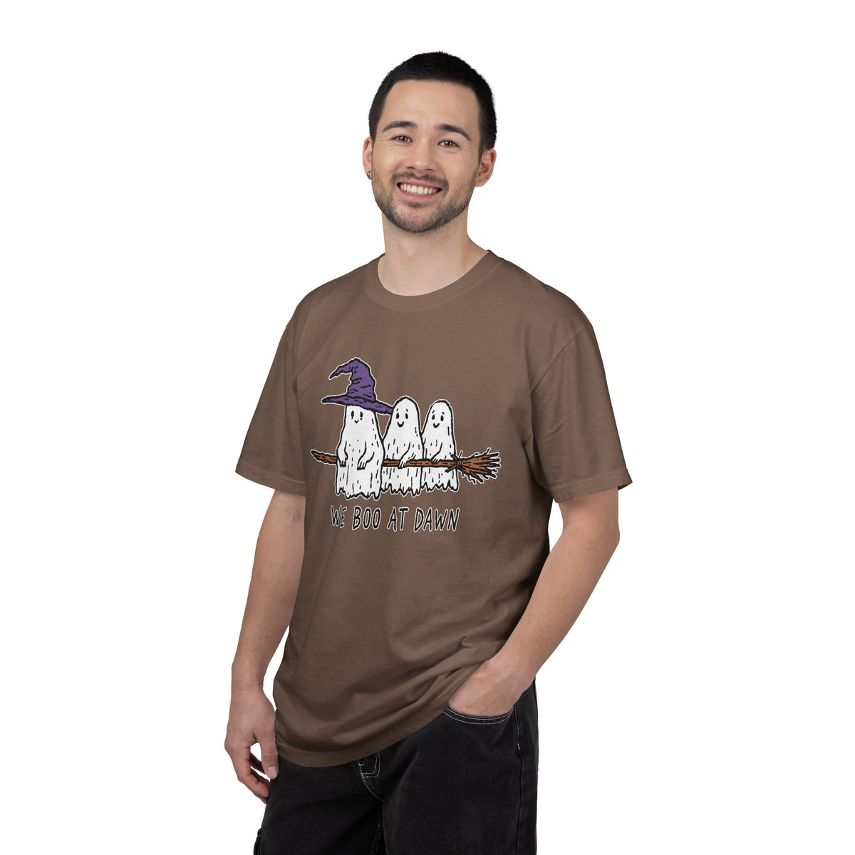 We Boo at Dawn Ghost Shirt, Funny Halloween Witch Broom Graphic Tee, Cute Spooky Season Gift for Friends and Ghost Lovers, October Outfit