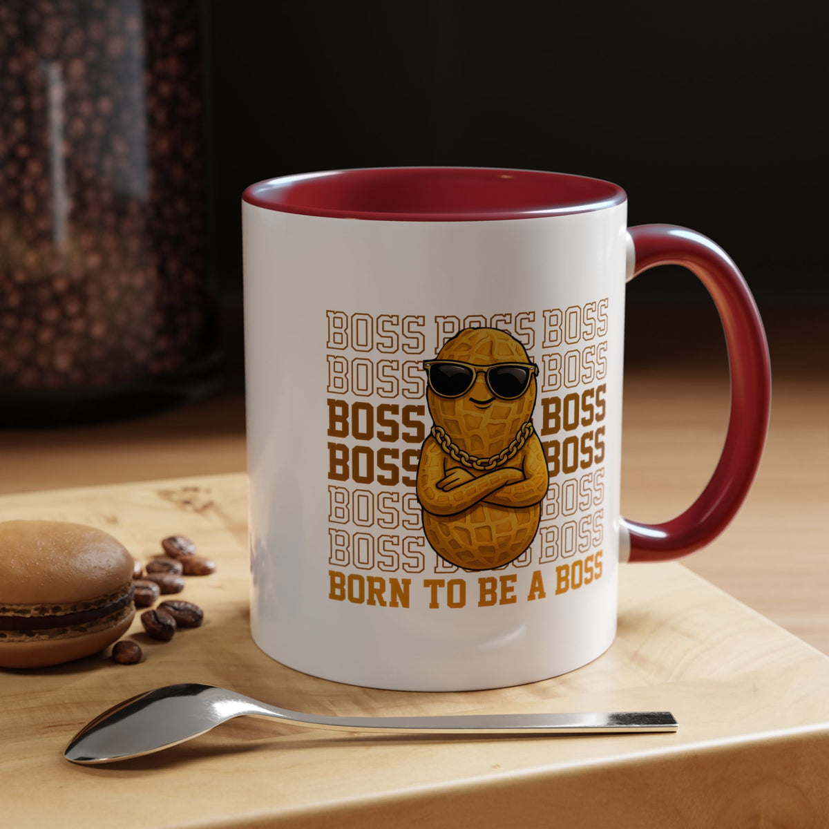 Born To Be A Boss Coffee Mug, Funny Peanut Office Joke Gift for Coworkers, Sarcastic Corporate Manager Ceramic Tea Cup with Orange Handle