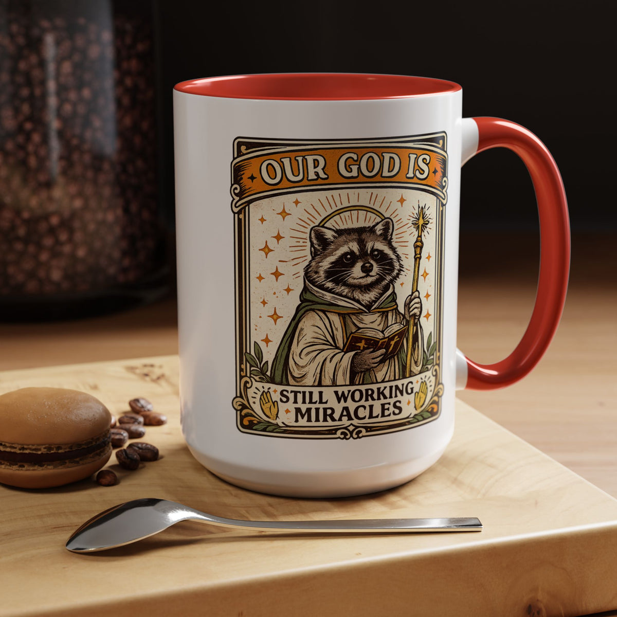 Our God Is Still Working Miracles Coffee Mug, Funny Raccoon Christian Gift for Friends, Cute Religious Parody Trash Panda Ceramic Tea Cup with Black Handle