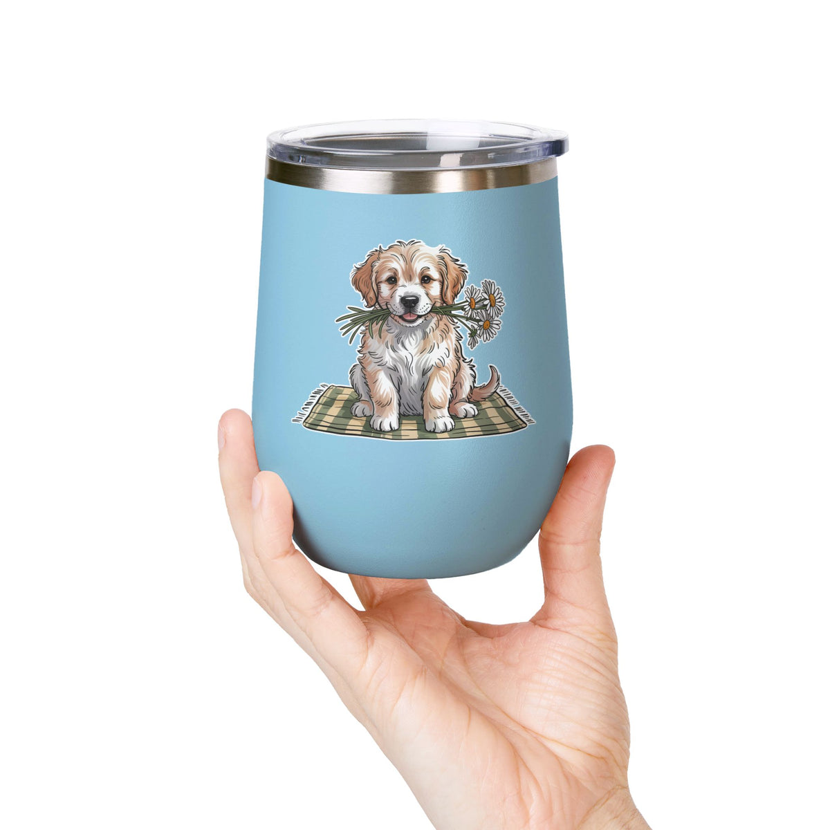 Golden Puppy Wine Tumbler, Cute Dog and Flower Cup, Gift for Dog Moms, Puppy Lovers, Pet Parents and Animal Lovers