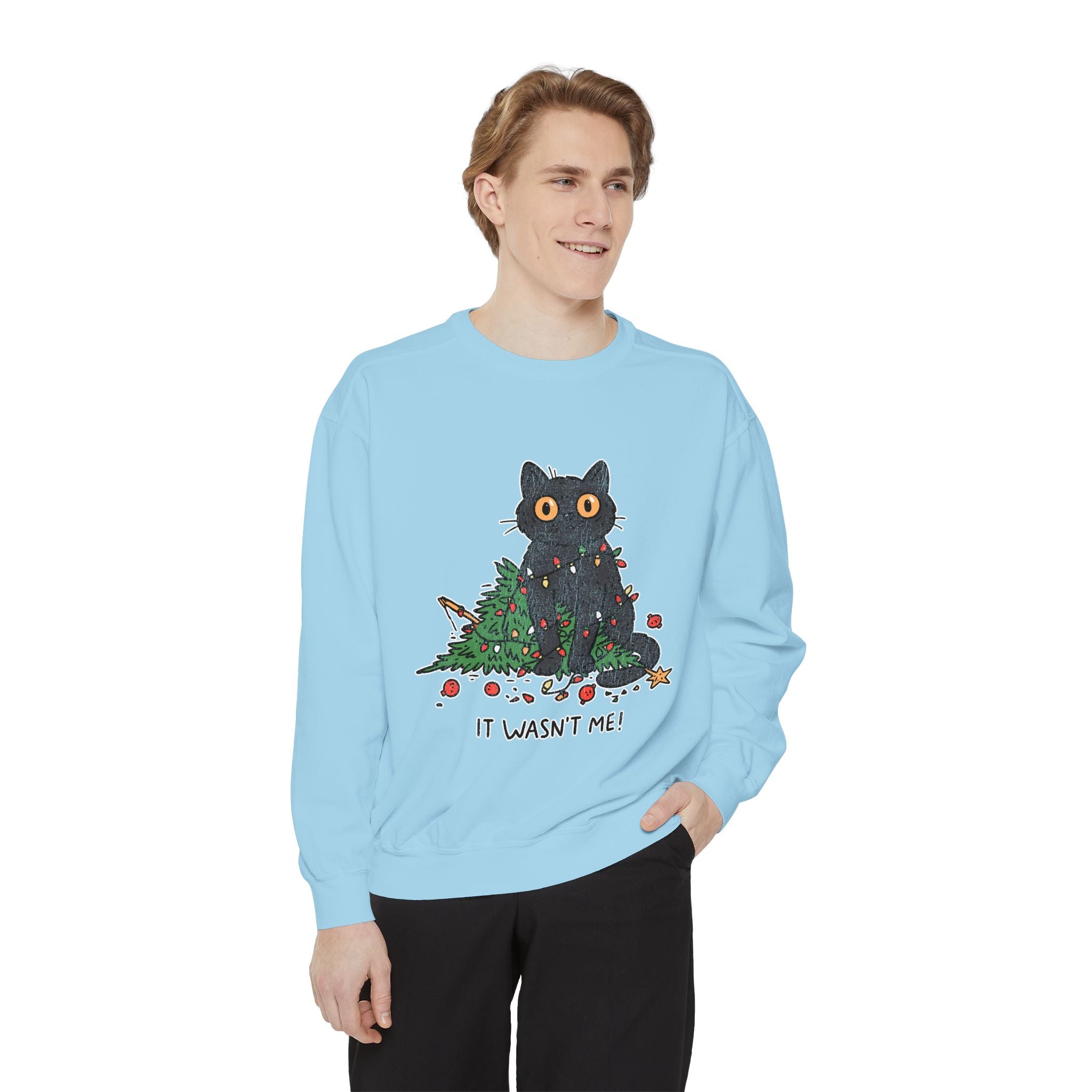 It Wasn't Me Black Cat Christmas Sweatshirt, Funny Holiday Crewneck, Mischievous Kitty Lights Pullover, Gift for Cat Mom or Cat Dad