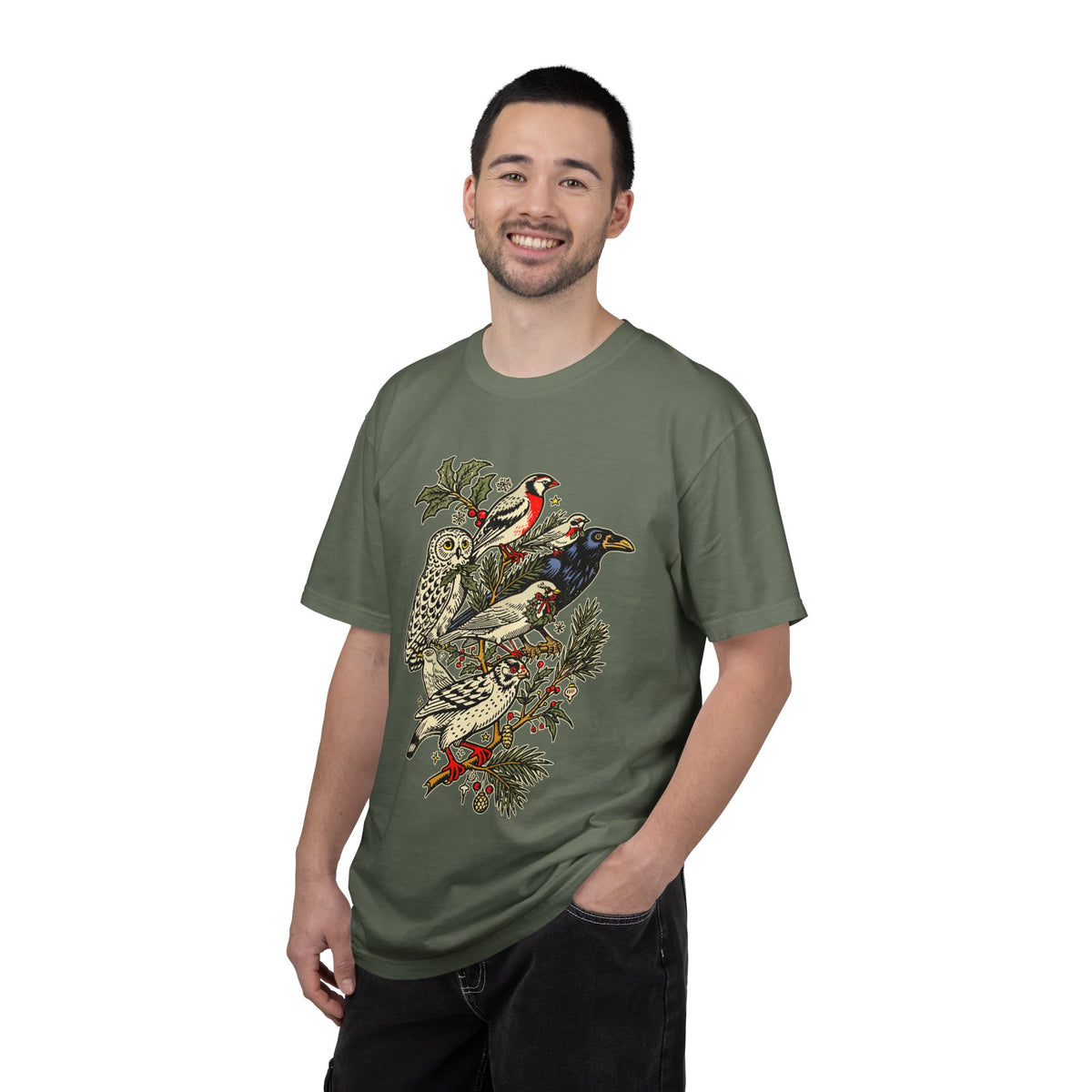 Winter Birds Graphic Shirt, Vintage Woodland T-Shirt for Bird Lovers, Festive Nature Tee, Cozy Christmas Gift for Birdwatchers and Moms