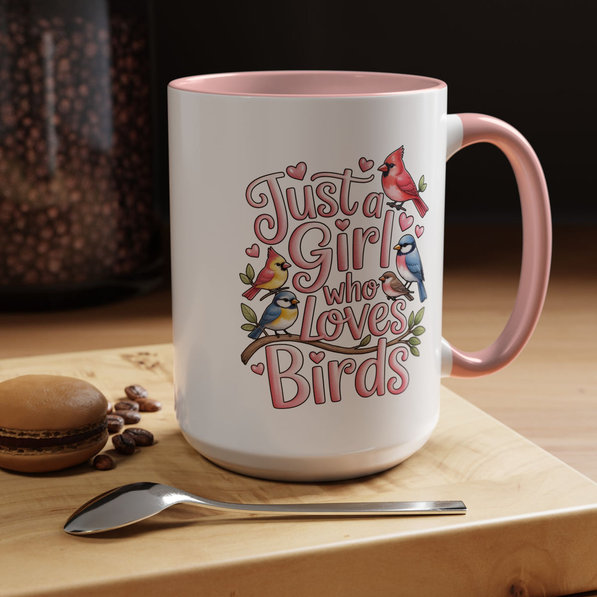 Bird Lover Coffee Mug, Just a Girl Who Loves Birds Quote, Pink Lettering and Garden Songbird Design, Birthday Gift for a Birdwatching Friend