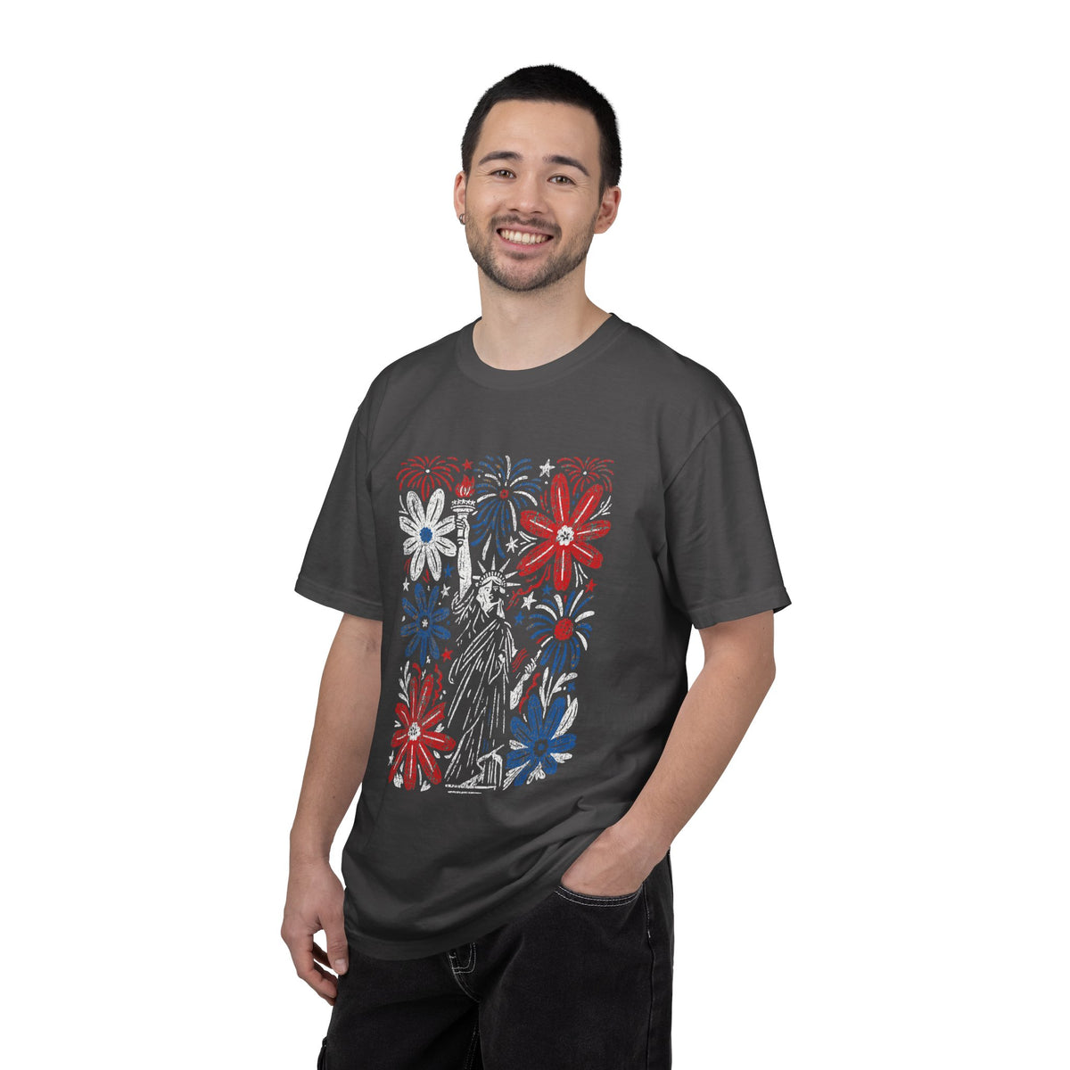 Patriotic Fireworks Shirt, Red White Blue Flower Graphic Tee, Americana T Shirt, Fourth of July Outfit, Vintage USA Gift for Women