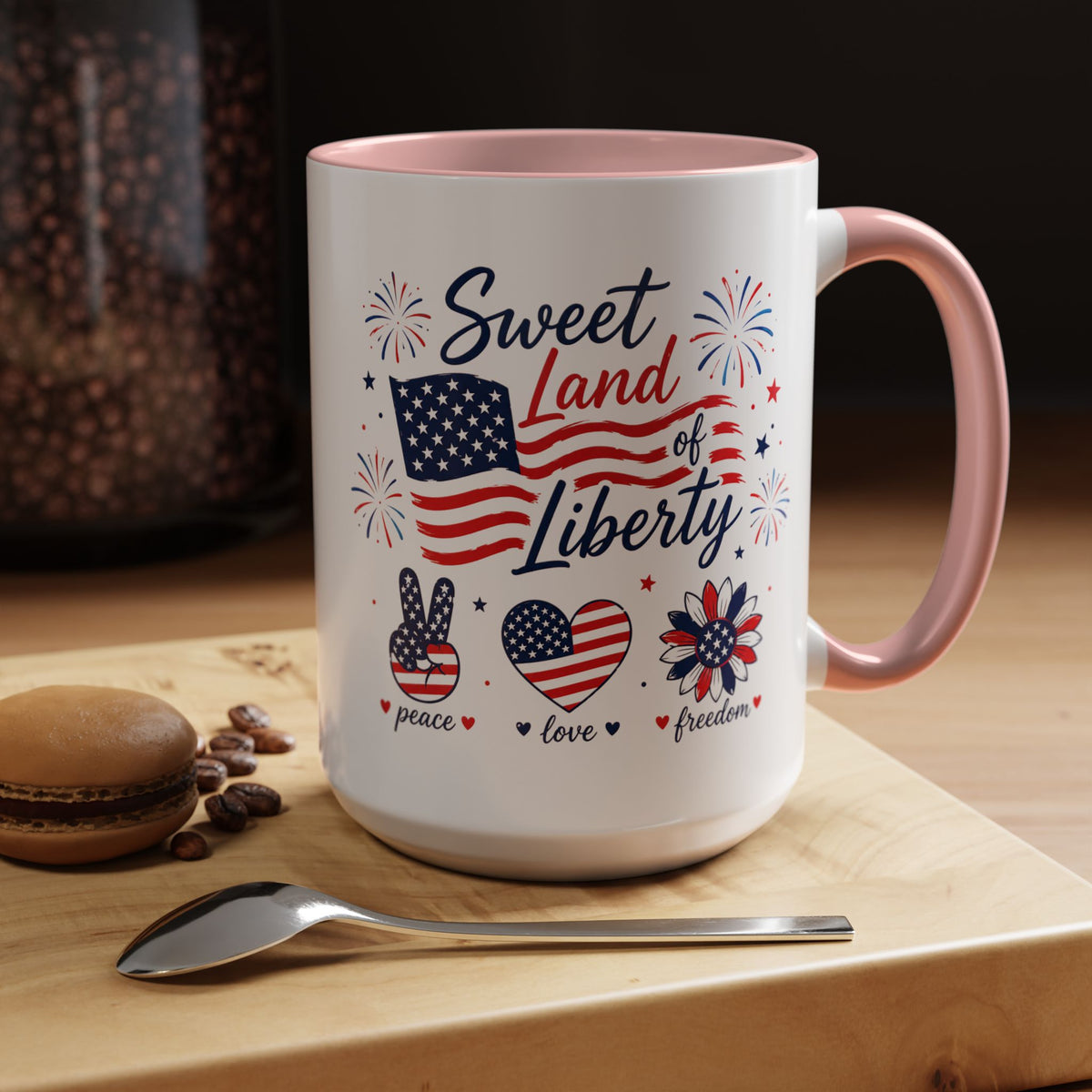 Sweet Land of Liberty Coffee Mug, Patriotic Fourth of July Mug, American Flag Heart Freedom Cup, USA Pride Gift for Women