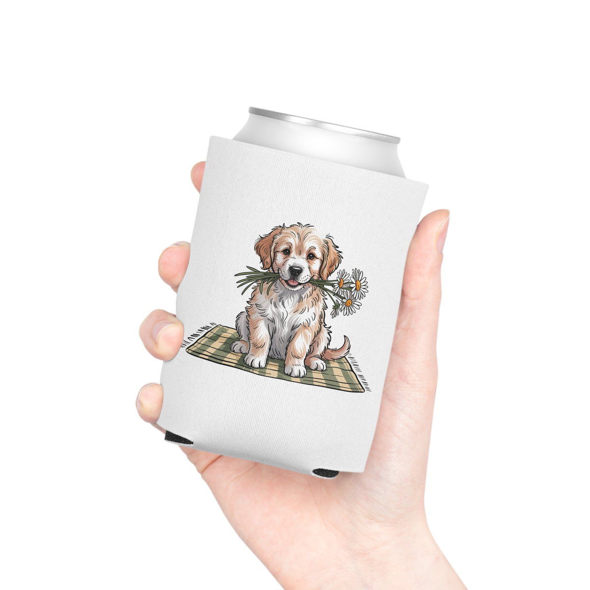 Golden Puppy Can Cooler, Cute Dog and Daisy Drink Sleeve, Gift for Dog Moms, Puppy Lovers, Pet Parents and Animal Lovers