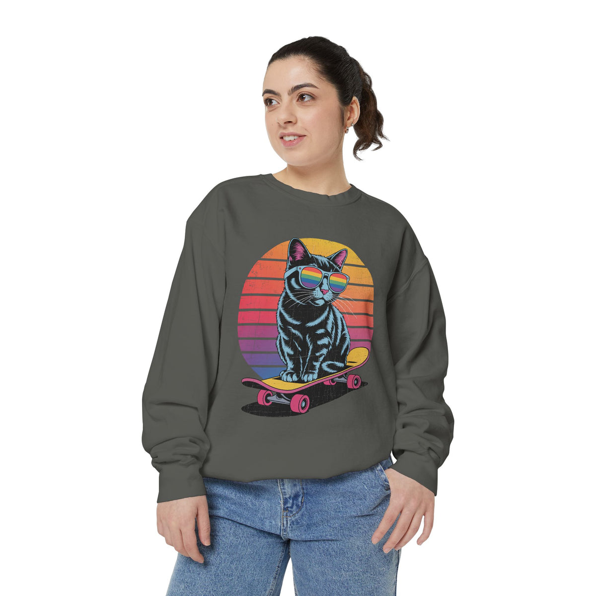 Retro Skateboard Cat Sweatshirt, Rainbow Sunglasses Kitty Crewneck, Funny Cat Lover Gift, Vintage Skater Graphic Cozy Pullover Top