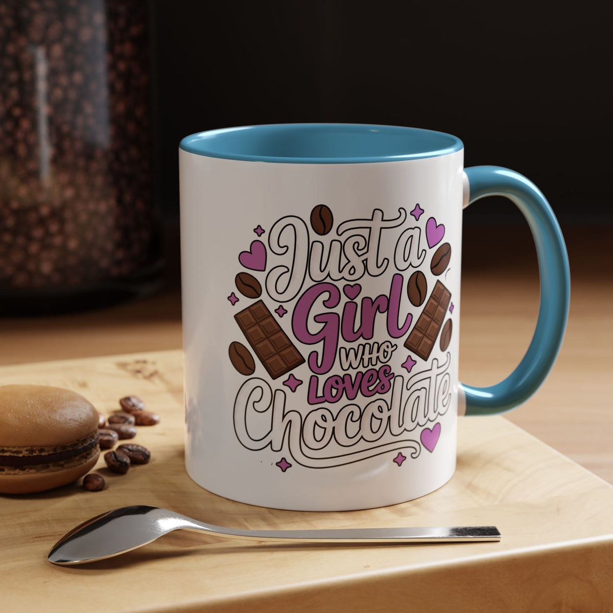 Chocolate Lover Coffee Mug, Just a Girl Who Loves Chocolate Quote, Purple Hearts and Cocoa Design, Sweet Birthday Gift for a Best Friend