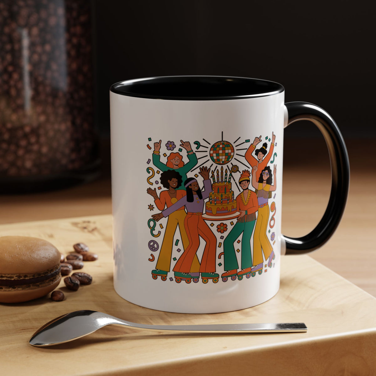 Retro Disco Birthday Coffee Mug, 70s Roller Skating Party Design, Groovy Gift for a Skater Friend Who Loves Colorful Nostalgic Drinkware
