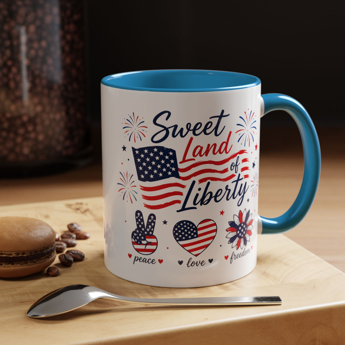 Sweet Land of Liberty Coffee Mug, Patriotic Fourth of July Mug, American Flag Heart Freedom Cup, USA Pride Gift for Women