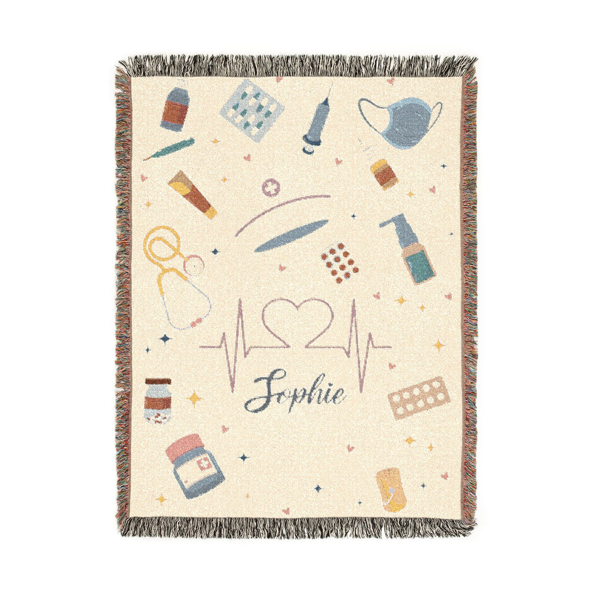 Personalized Nurse Blanket, Custom Name Medical Throw with Healthcare Symbols, Nurse Appreciation Gift, RN Graduation Keepsake