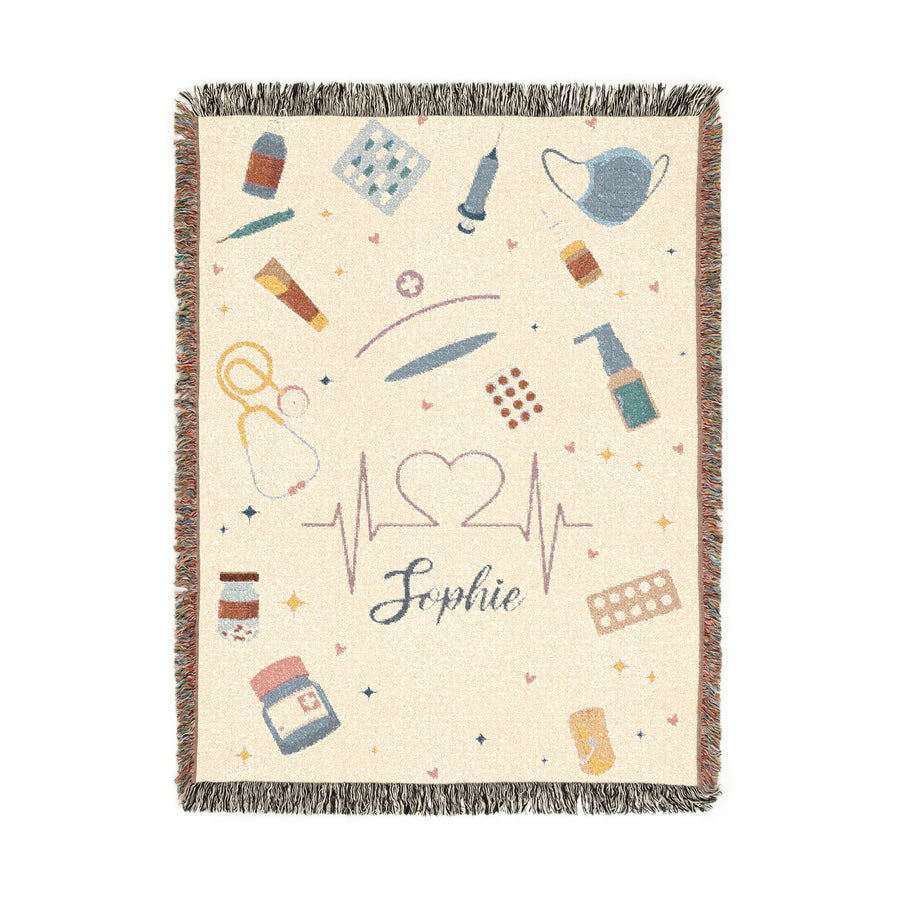 Personalized Nurse Blanket, Custom Name Medical Throw with Healthcare Symbols, Nurse Appreciation Gift, RN Graduation Keepsake