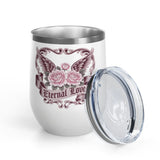 Eternal Love Wine Tumbler, Gothic Rose and Angel Wings Design, Romantic Anniversary Gift for Her, Vintage Tattoo Style Drinkware