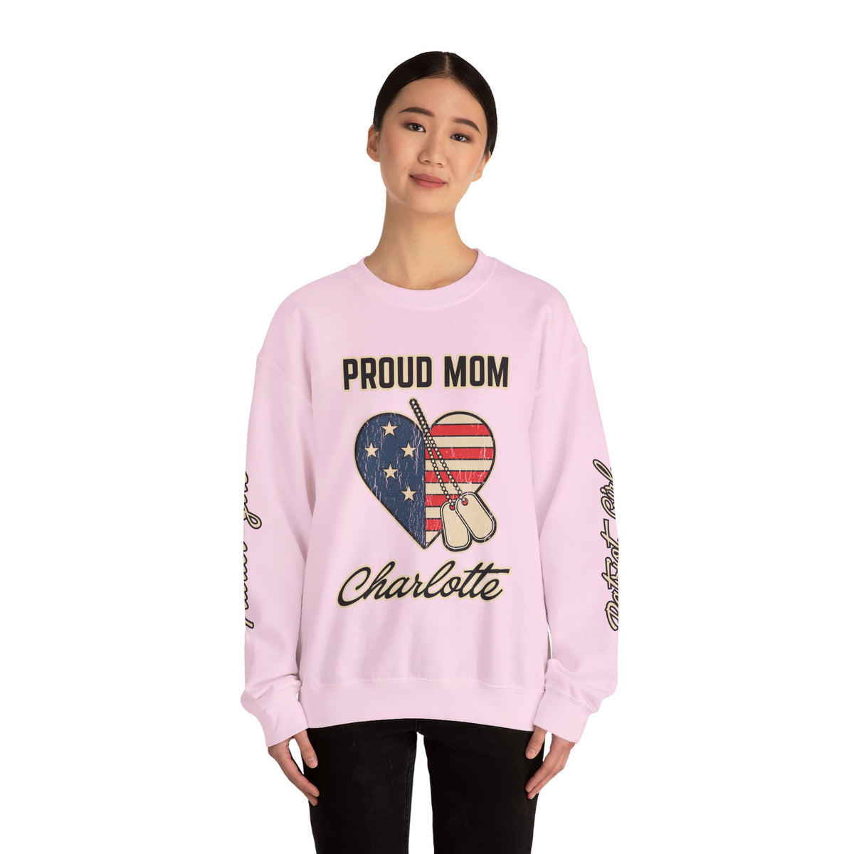 Personalized Proud Mom Sweatshirt, Custom Military Mom Pullover, American Flag Heart Crewneck, Military Mom Gift, Patriotic Mother Shirt