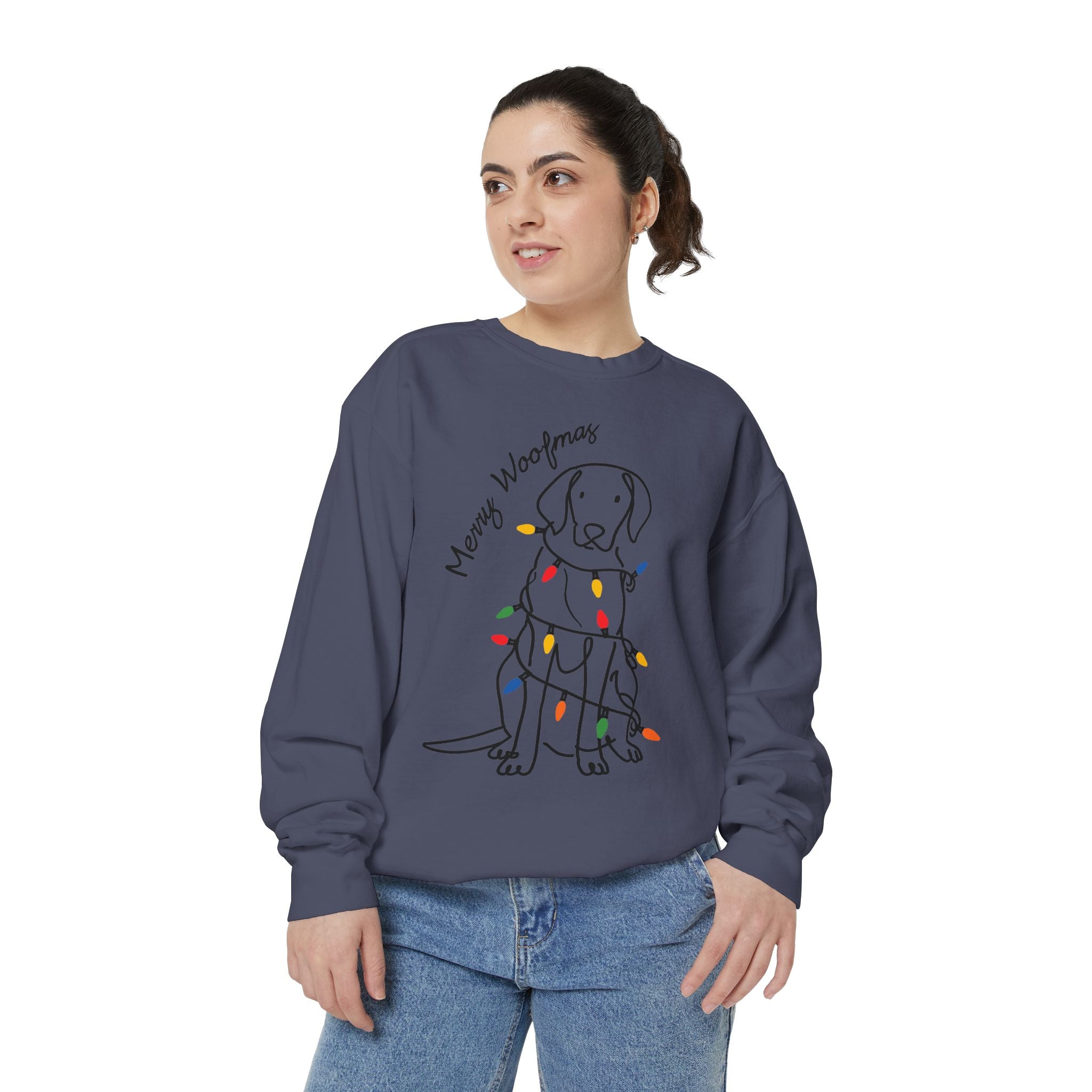 Merry Woofmas Dog Sweatshirt, Funny Christmas Puppy Crewneck, Holiday Lights Pet Lover Pullover, Cute Christmas Gift for Dog Mom or Dog Dad