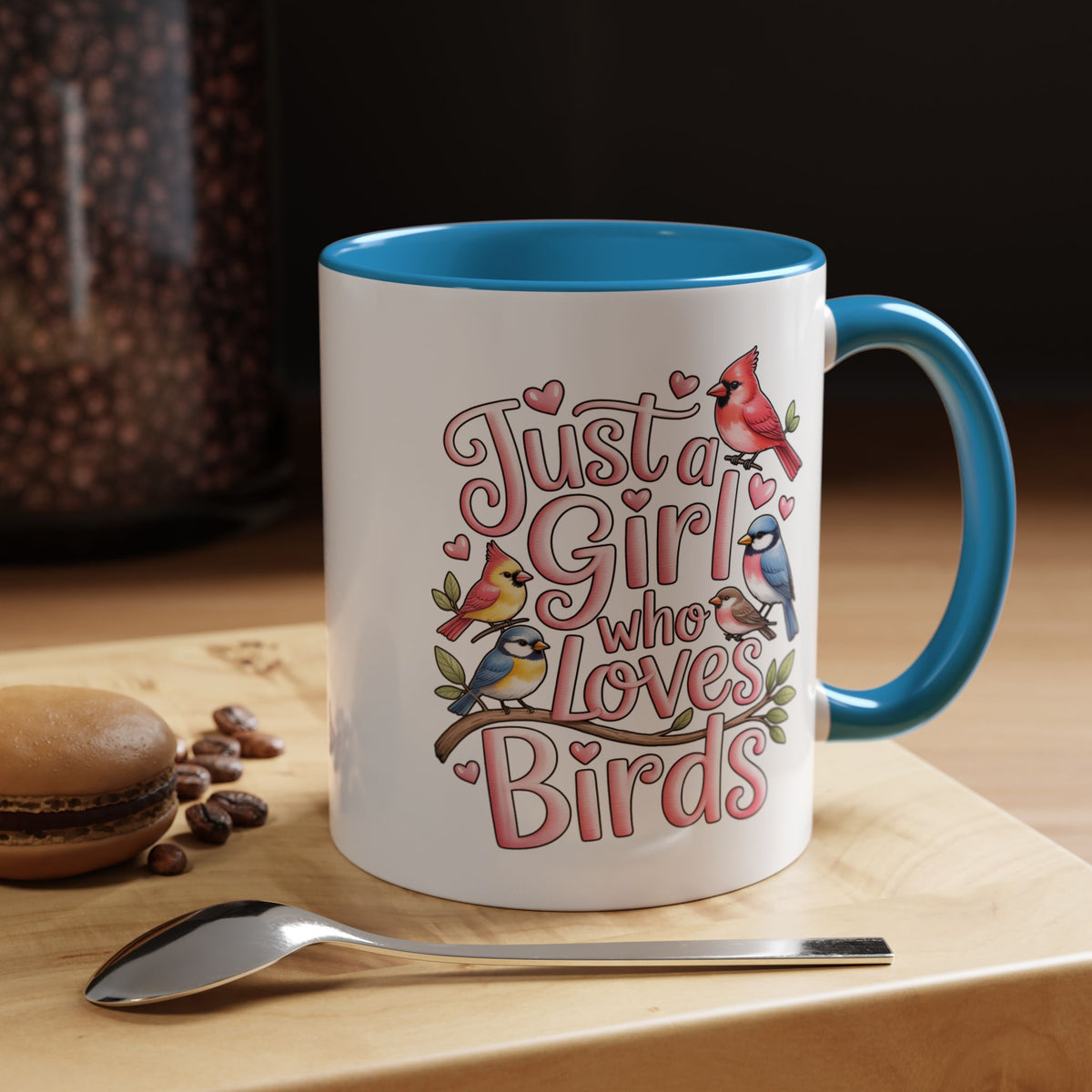 Bird Lover Coffee Mug, Just a Girl Who Loves Birds Quote, Pink Lettering and Garden Songbird Design, Birthday Gift for a Birdwatching Friend