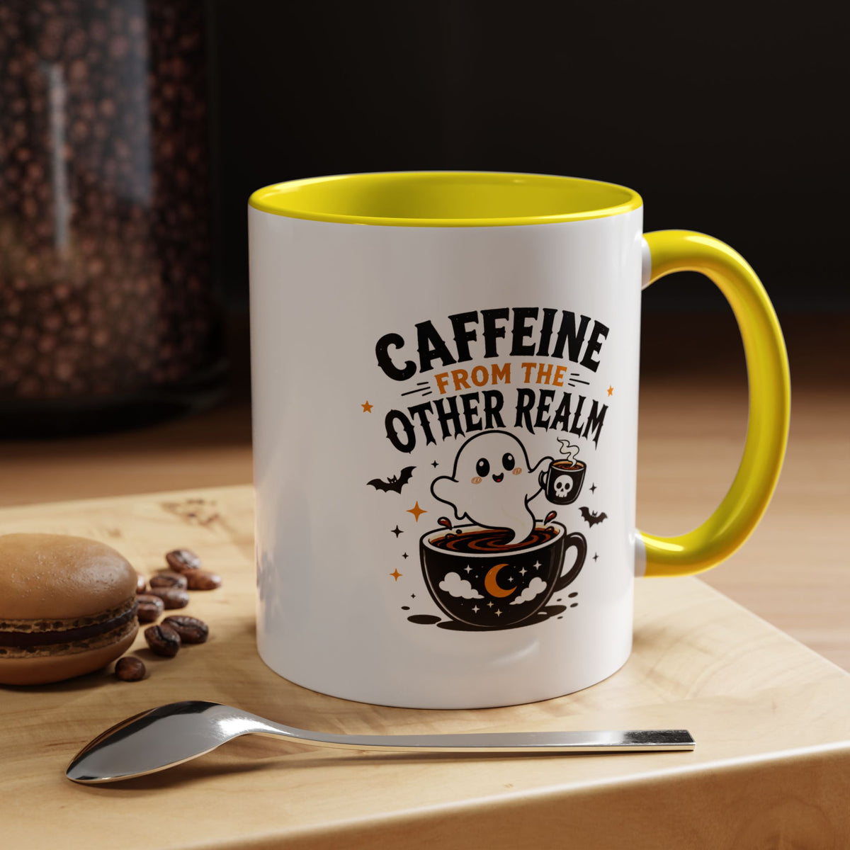 Halloween Ghost Coffee Mug, Caffeine From the Other Realm Black Accent Cup, Funny Spooky Gift for Coffee Lover, Barista or Coworker