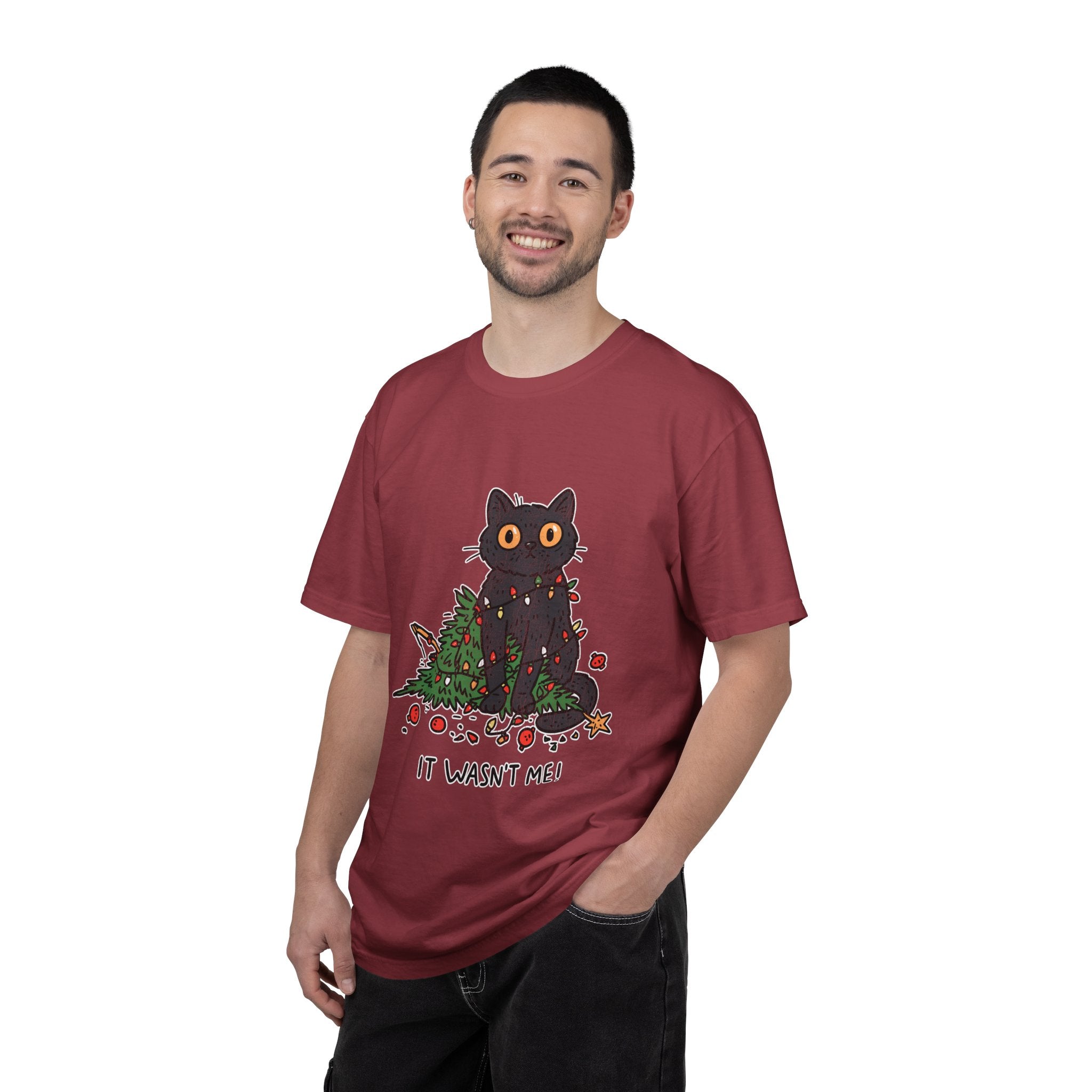 It Wasn't Me Black Cat Christmas Shirt, Funny Holiday T-Shirt, Mischievous Kitty Lights Tee, Gift for Cat Mom, Cat Dad, Christmas Party Top
