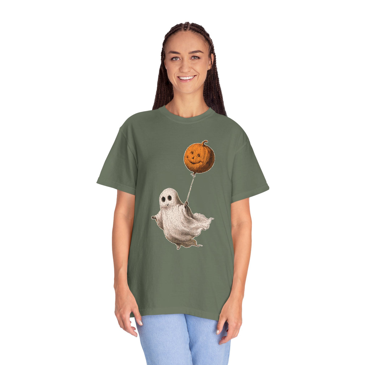 Cute Ghost Halloween Shirt, Pumpkin Balloon Graphic Tee, Vintage Spooky Season Gift for Women, Cozy October Fall Outfit for Ghost Lovers