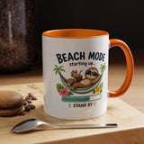 Beach Mode Sloth Coffee Mug, Funny Summer Vacation Gift for Sloth Lovers, Cute Tropical Hammock Ceramic Tea Cup with Blue Handle