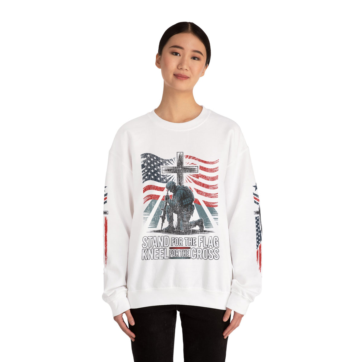 Stand for the Flag Kneel for the Cross Sweatshirt, Patriotic Christian Crewneck, American Flag Pullover, Faith Gift, Fourth of July Top