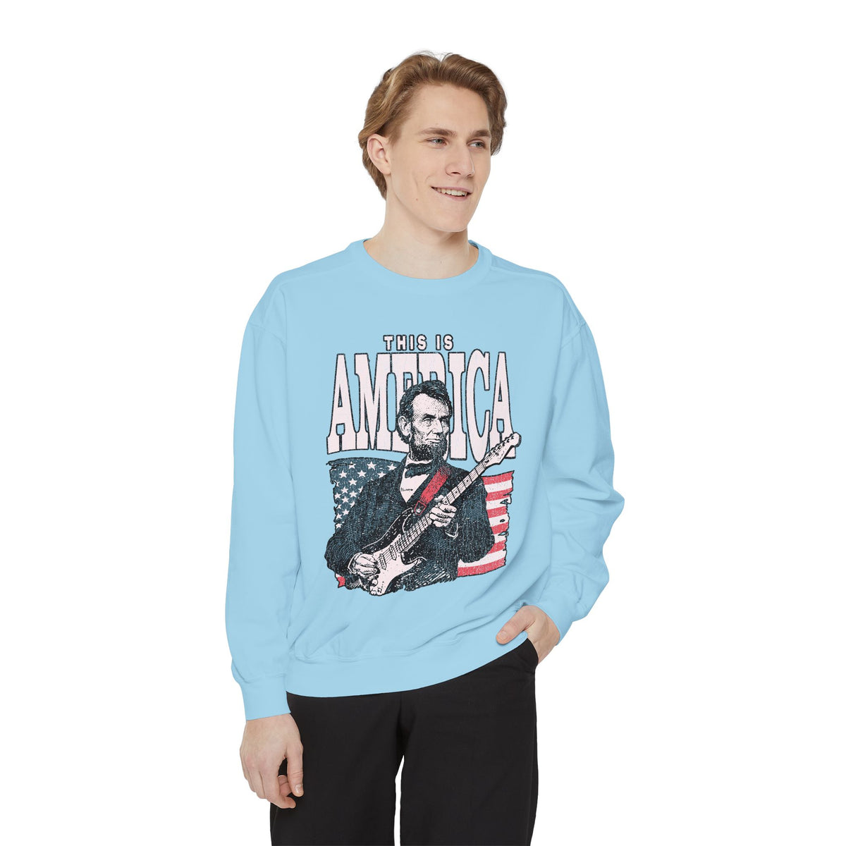 Abraham Lincoln Guitar Sweatshirt, Funny This Is America Graphic, Gift for History Teachers and Music Lovers, Fourth of July Party Outfit