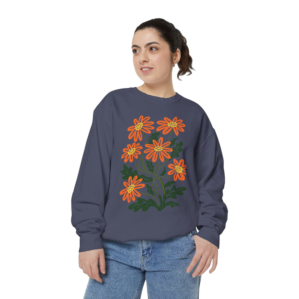 Orange Daisy Graphic Sweatshirt, Retro Floral Pullover for Flower Lovers, Groovy Botanical Top, Cheerful Garden Gift for Women