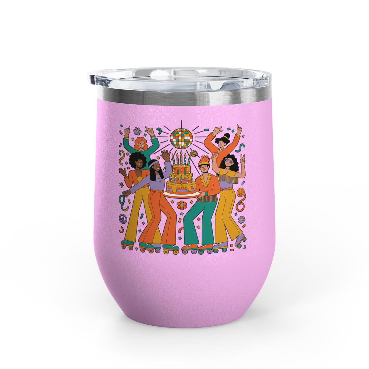Retro Disco Birthday Wine Tumbler, 70s Roller Skating Party Design, Groovy Drinkware Gift for a Skater Friend Who Loves Vintage Aesthetics