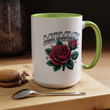Mommy Coffee Mug, Pink Rose and Teal Leaf Design with Silver Look Lettering, Mother's Day Gift for Mom or a Floral Birthday Present for Her