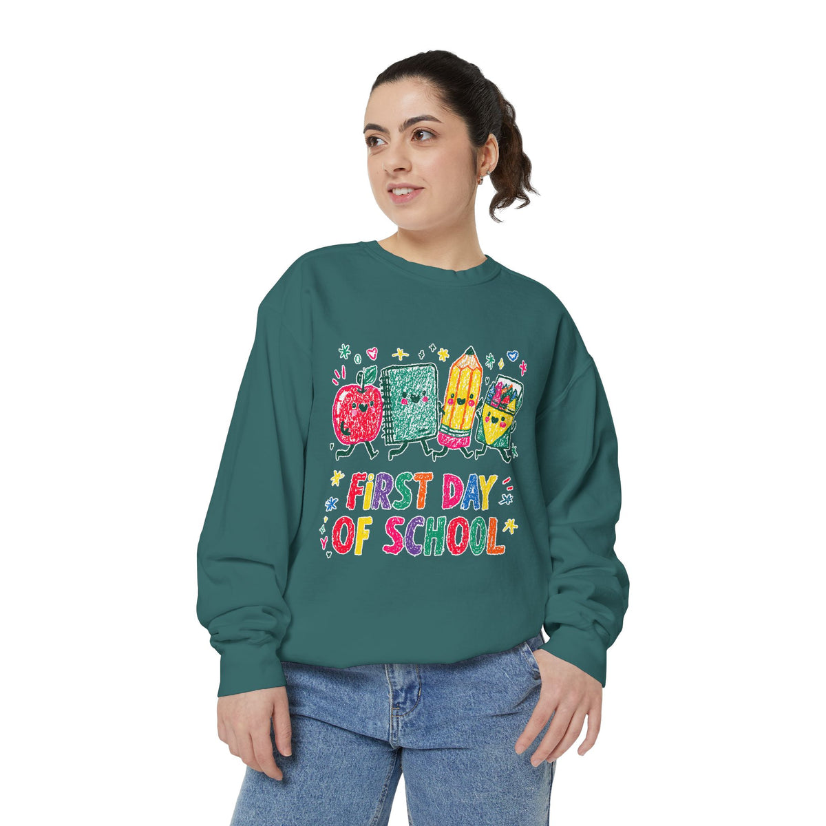 First Day of School Sweatshirt, Colorful School Supplies Pullover, Cute Teacher Outfit, Student Back to Class Gift, Classroom Crewneck