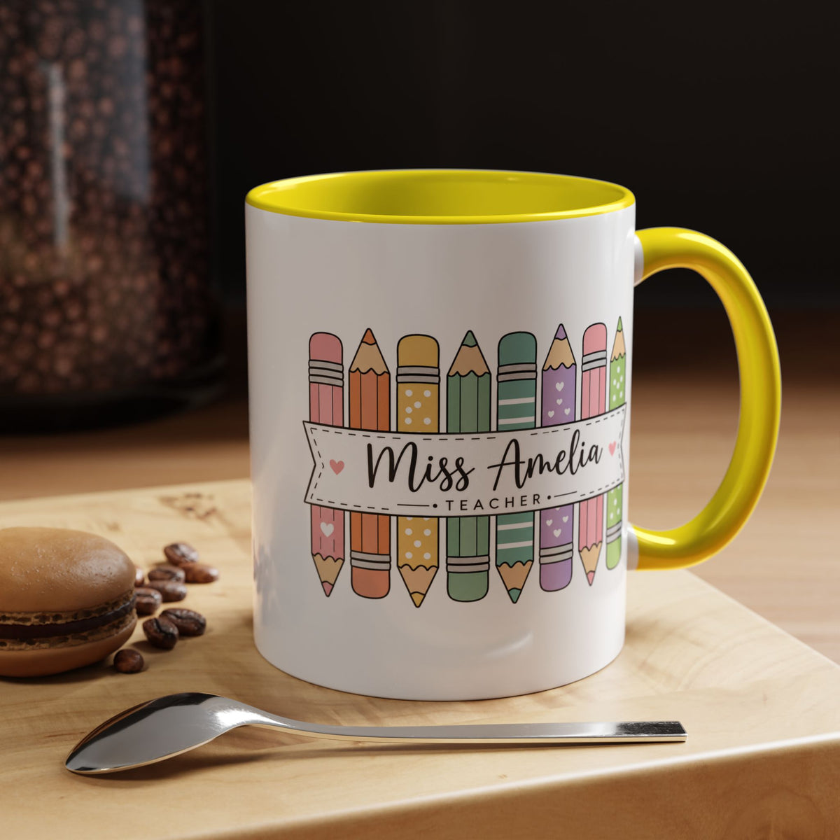 Personalized Teacher Pencil Mug, Custom Teacher Name Coffee Mug, Teacher Appreciation Gift, Back to School Teacher Cup