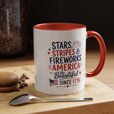 Stars and Stripes Coffee Mug, 4th of July Fireworks Gift for Hostess, America the Beautiful Since 1776 Patriotic Ceramic Tea Cup
