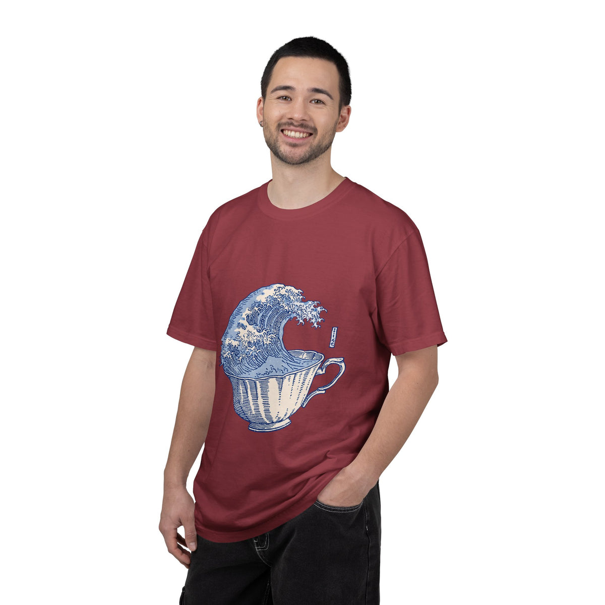 Great Wave Teacup Shirt, Japanese Art Inspired Ocean Graphic, Gift for Tea Lovers and Coastal Art Fans, Casual Cafe Weekend Outfit