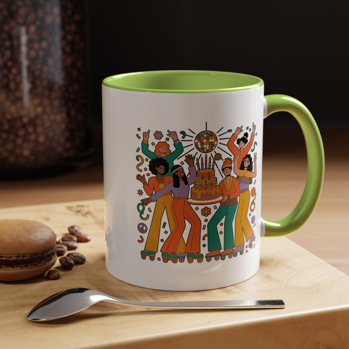 Retro Disco Birthday Coffee Mug, 70s Roller Skating Party Design, Groovy Gift for a Skater Friend Who Loves Colorful Nostalgic Drinkware