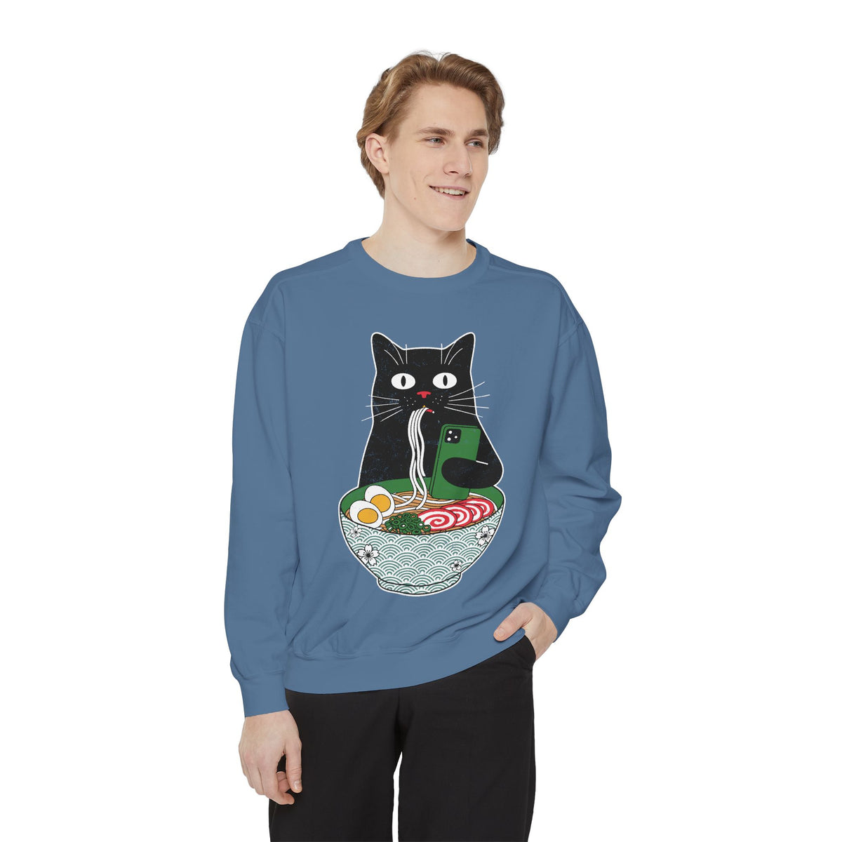 Ramen Cat Comfort Colors Sweatshirt, Funny Cat Eating Noodles Shirt, Cat Lover Graphic Crewneck, Foodie Gift Idea