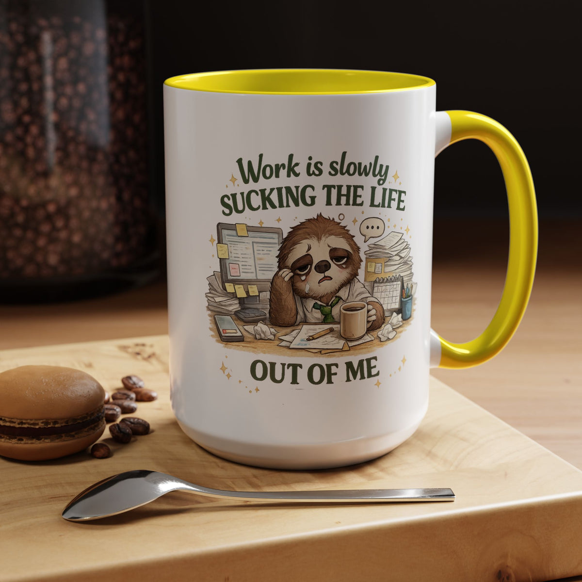 Work Is Slowly Sucking The Life Out Of Me Coffee Mug, Funny Sloth Office Joke Gift for Coworkers, Sarcastic Ceramic Tea Cup with Black Handle
