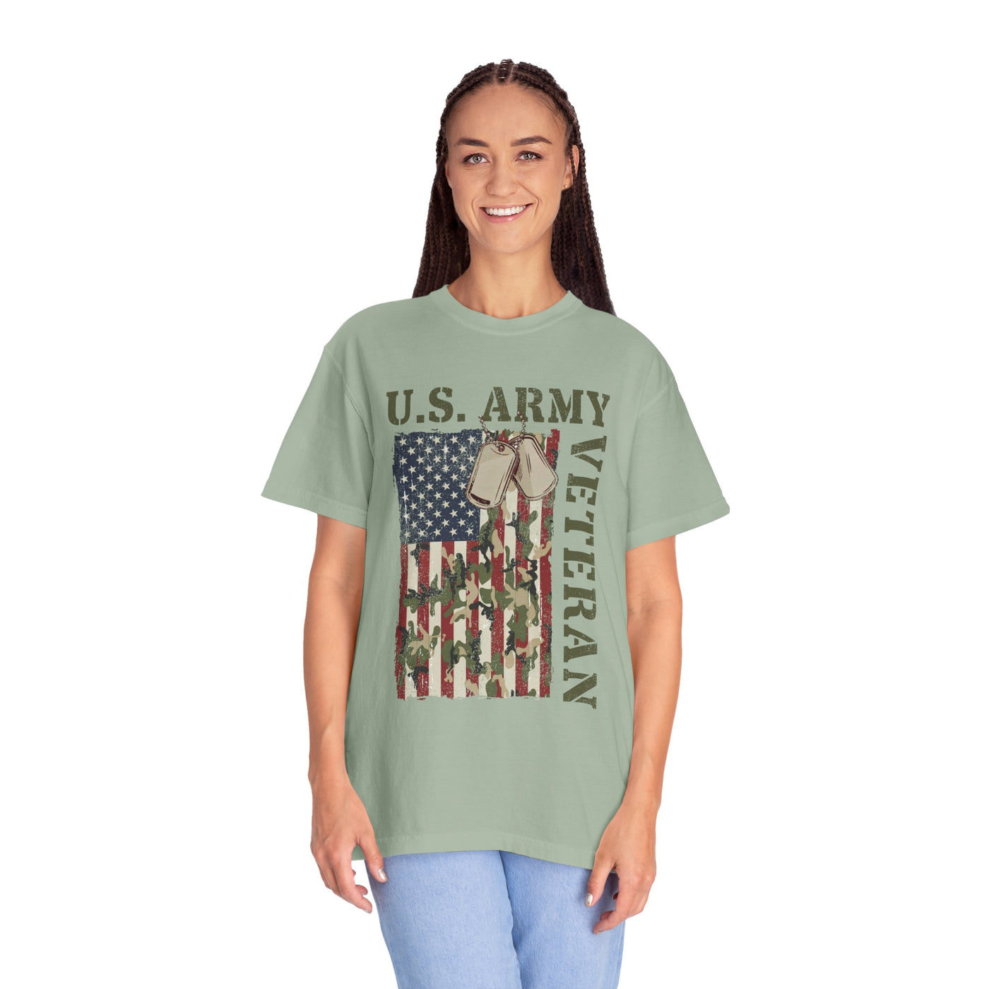 US Army Veteran Shirt, American Flag Camo T-Shirt, Military Dog Tag Tee, Patriotic Gift for Soldier, Retirement or Veterans Day Top