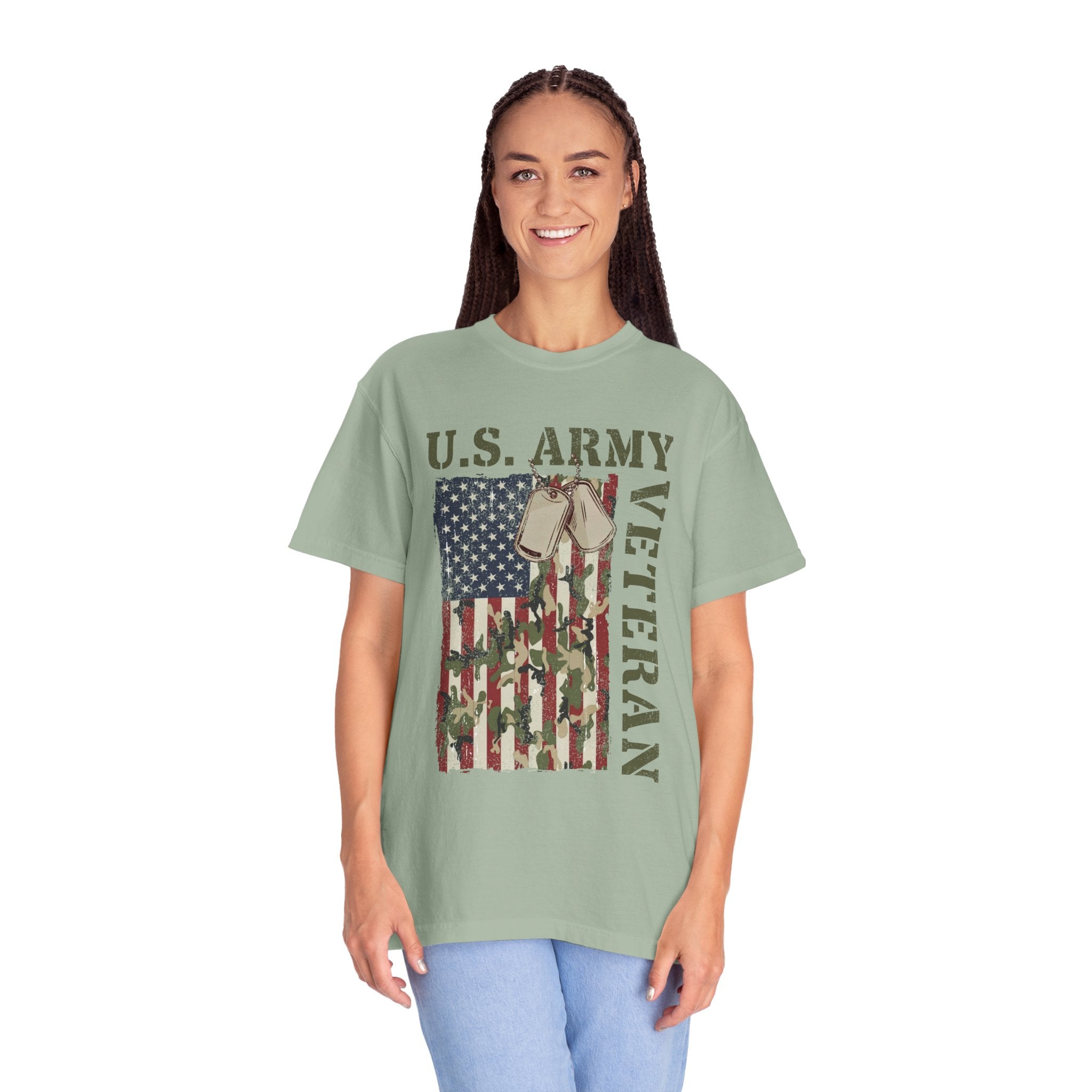 US Army Veteran Shirt, American Flag Camo T-Shirt, Military Dog Tag Tee, Patriotic Gift for Soldier, Retirement or Veterans Day Top