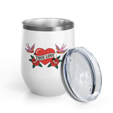 True Love Wine Tumbler, Vintage Tattoo Heart and Roses Cup, Romantic Anniversary Gift, Retro Drinkware for Couples