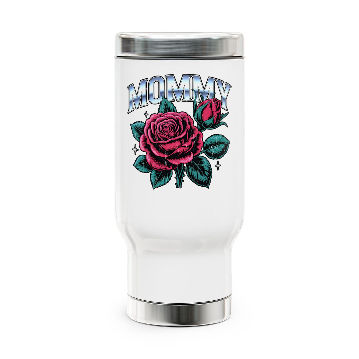 Mommy Rose Travel Mug with Handle, Pink Floral Coffee Cup, Sweet Gift for Mom, Mother's Day, Birthday and Everyday Coffee for Her