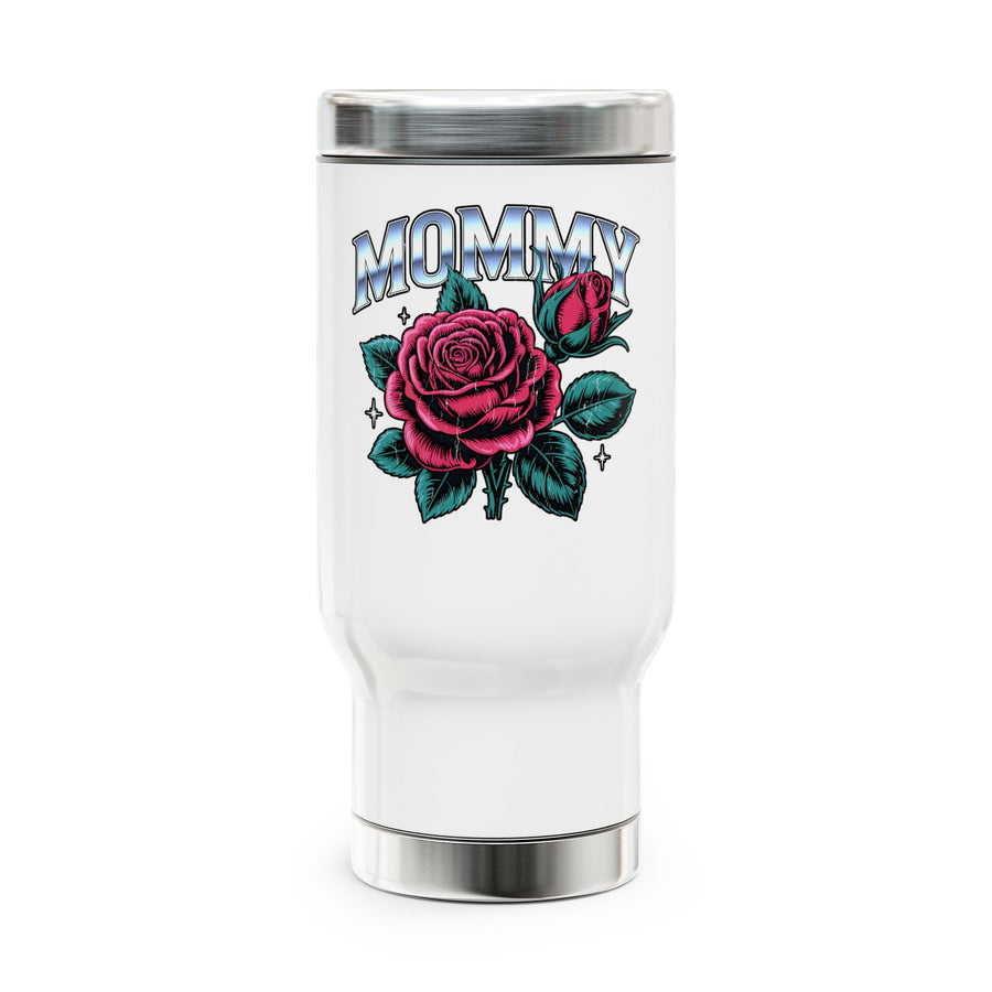 A white stainless steel travel mug with a silver lid and base, printed with "MOMMY" in chrome-style block lettering above a large pink rose and rosebud with teal leaves and small sparkles.