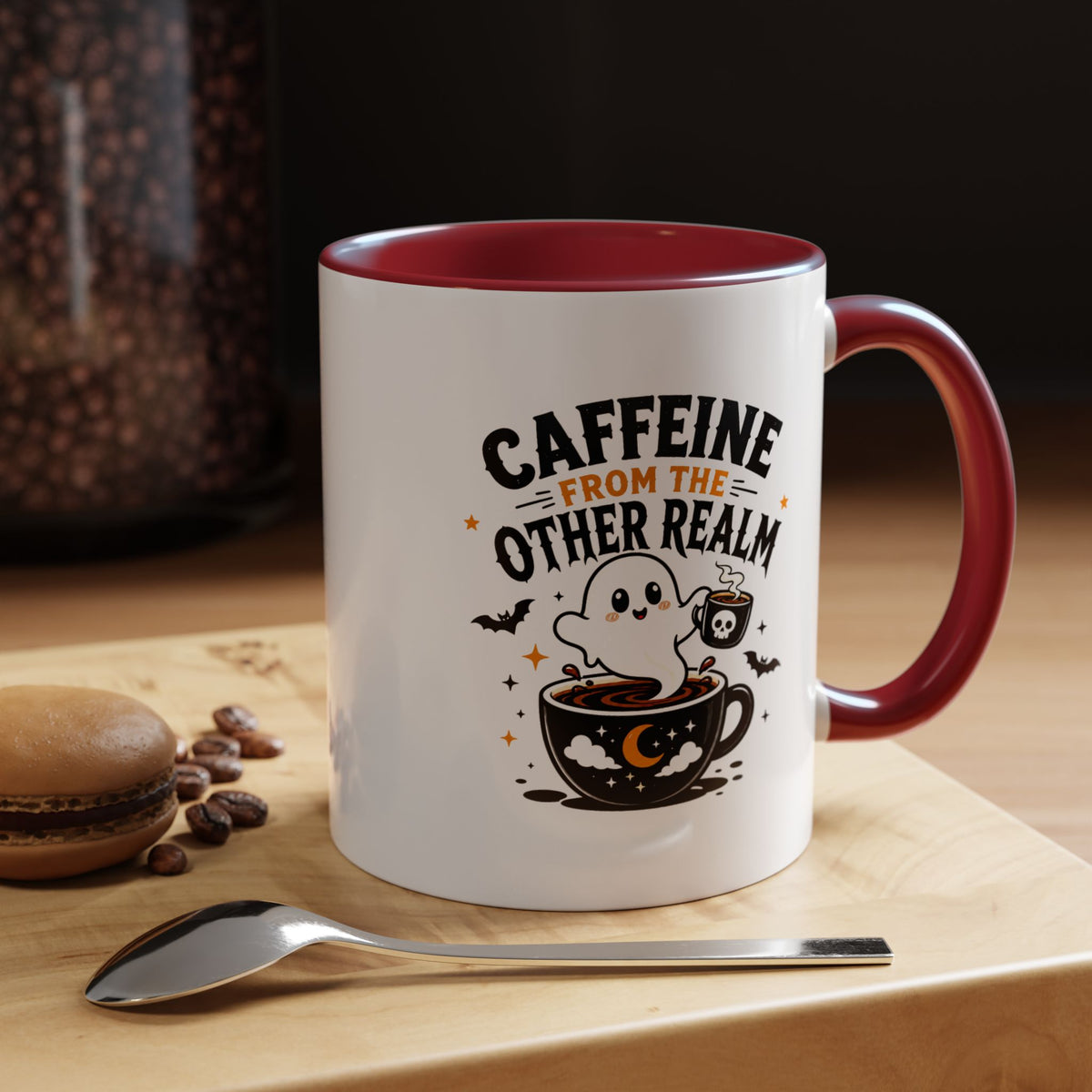 Halloween Ghost Coffee Mug, Caffeine From the Other Realm Black Accent Cup, Funny Spooky Gift for Coffee Lover, Barista or Coworker