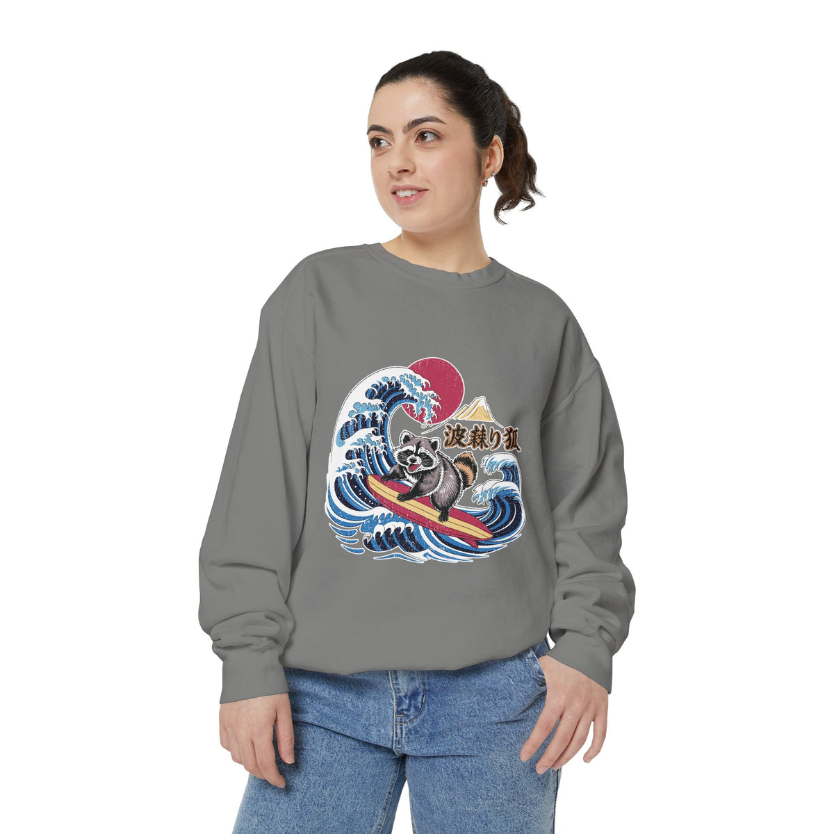 Japanese Surfing Raccoon Sweatshirt, Retro Wave Graphic Crewneck, Funny Animal Surfer Gift, Japan Inspired Beachwear Cozy Pullover