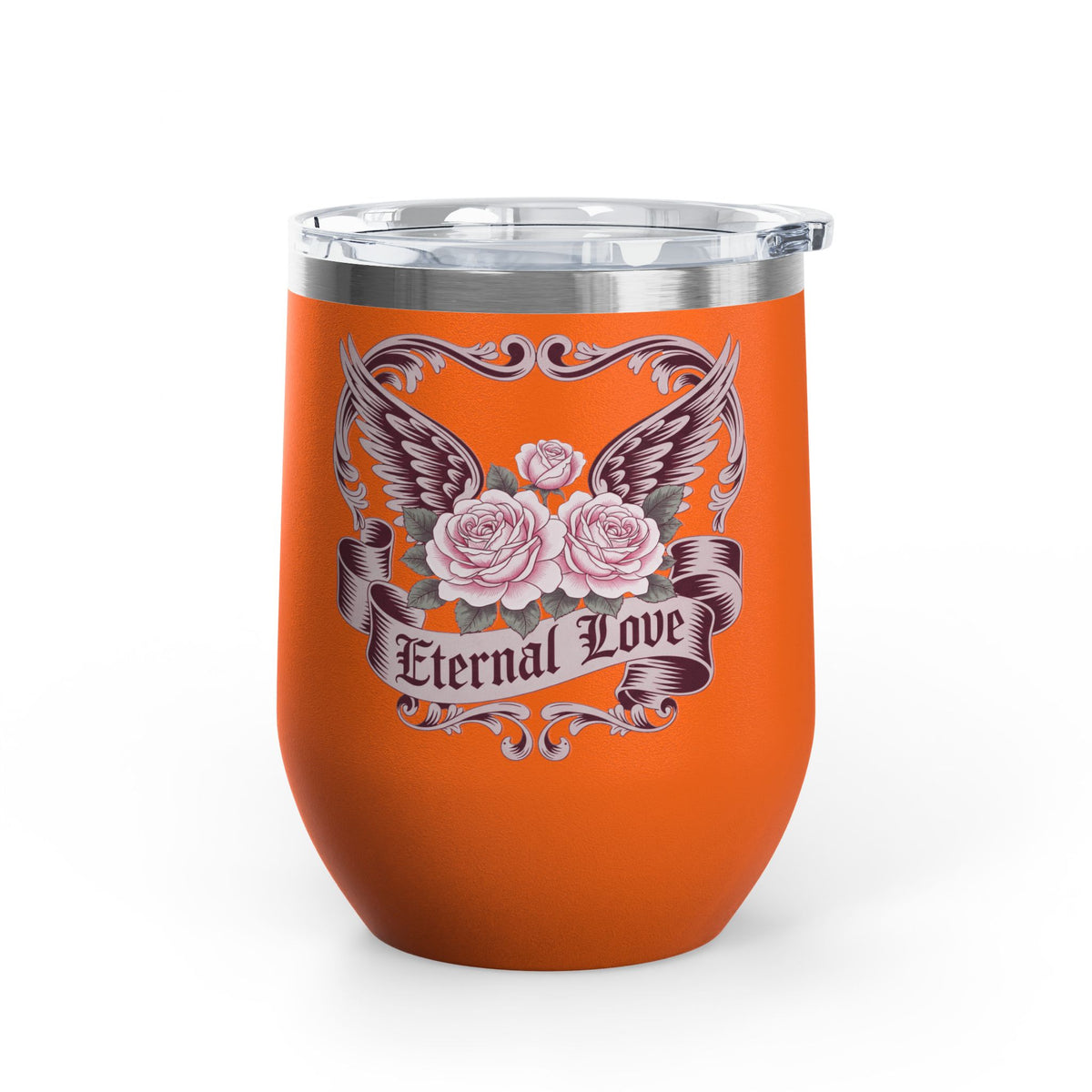 Eternal Love Wine Tumbler, Gothic Rose and Angel Wings Design, Romantic Anniversary Gift for Her, Vintage Tattoo Style Drinkware