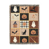 Halloween Quilt Style Woven Blanket, Haunted House Ghost Witch Throw, Black Cat Pumpkin Fall Decor, Trick or Treat Cozy Gift Home