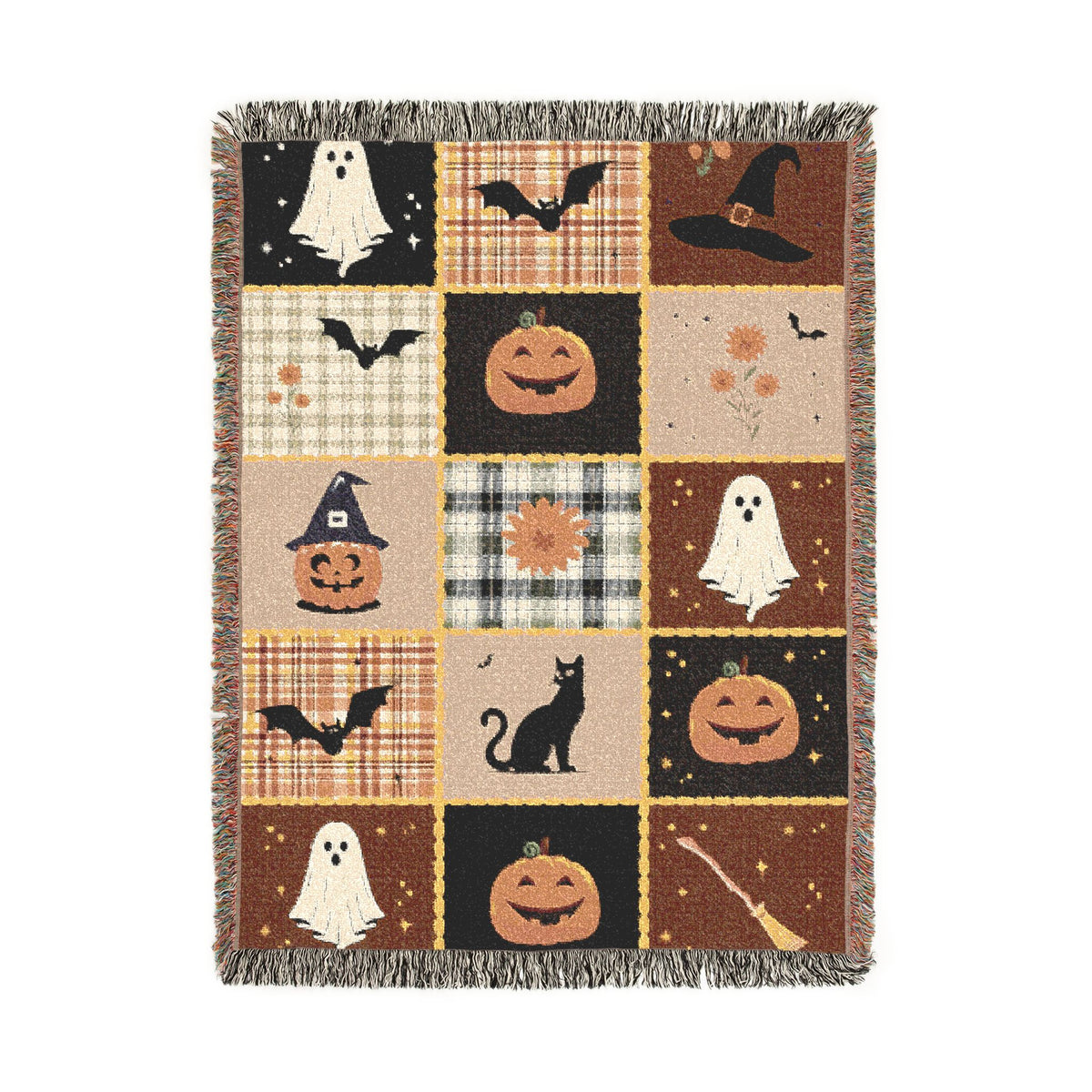 Halloween Quilt Style Woven Blanket, Haunted House Ghost Witch Throw, Black Cat Pumpkin Fall Decor, Trick or Treat Cozy Gift Home